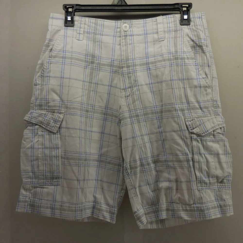 Plugg Mens Plaid Cargo Shorts White Blue Grey Cotton Size 32 Utility Casual